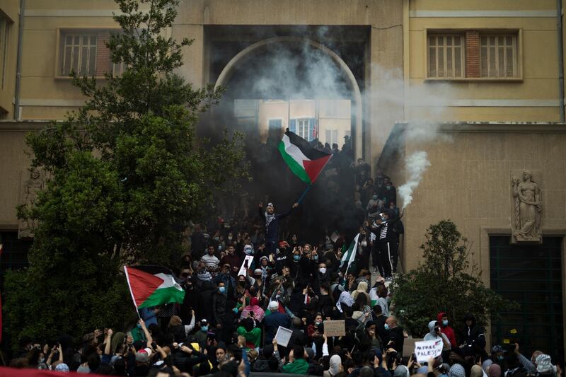 Protesters march with Palestinian flags during a demonstration in Marseille, southern France. AP Photo