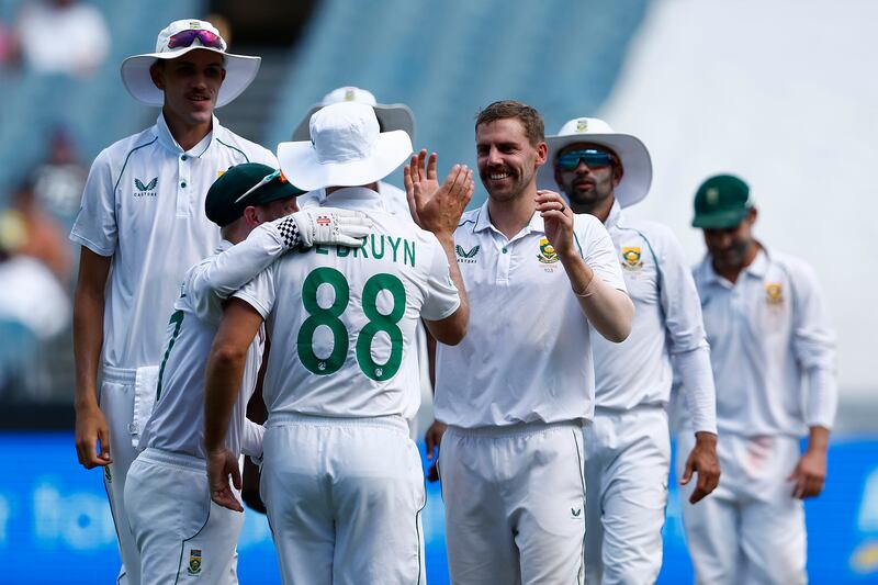 South Africa bowler Anrich Nortje celebrates the wicket of Steve Smith, caught out by Theunis de Bruyn. Getty