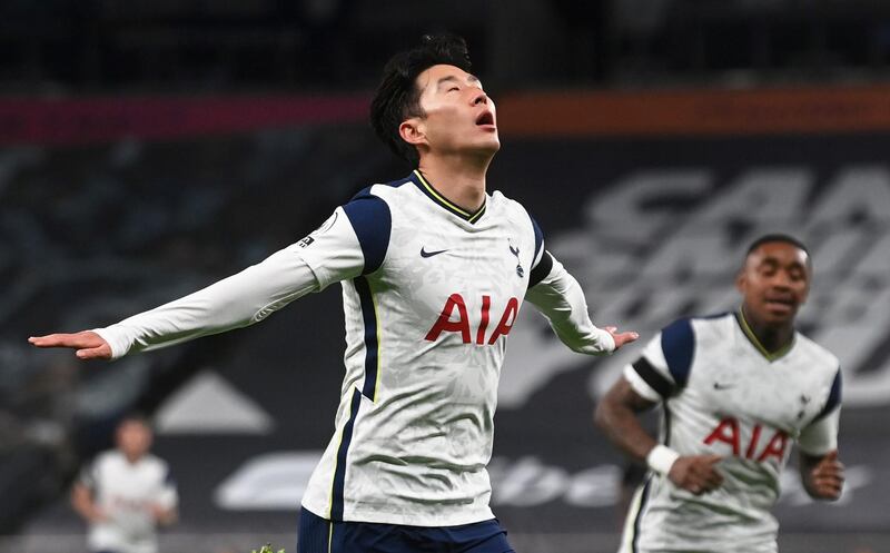 Soccer Football - Premier League - Tottenham Hotspur v Manchester City - Tottenham Hotspur Stadium, London, Britain - November 21, 2020 Tottenham Hotspur's Son Heung-min celebrates scoring their first goal Pool via REUTERS/Neil Hall EDITORIAL USE ONLY. No use with unauthorized audio, video, data, fixture lists, club/league logos or 'live' services. Online in-match use limited to 75 images, no video emulation. No use in betting, games or single club /league/player publications.  Please contact your account representative for further details.     TPX IMAGES OF THE DAY