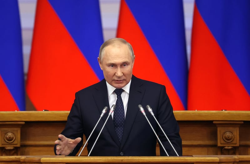 Russian President Vladimir Putin addresses a meeting of MPs in St Petersburg. EPA