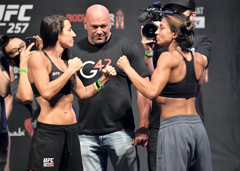ABU DHABI, UNITED ARAB EMIRATES - JANUARY 22: (L-R) Opponents Marina Rodriguez of Brazil and Amanda Ribas of Brazil face off during the UFC 257 weigh-in at Etihad Arena on UFC Fight Island on January 22, 2021 in Abu Dhabi, United Arab Emirates. (Photo by Jeff Bottari/Zuffa LLC) *** Local Caption *** ABU DHABI, UNITED ARAB EMIRATES - JANUARY 22: (L-R) Opponents Marina Rodriguez of Brazil and Amanda Ribas of Brazil face off during the UFC 257 weigh-in at Etihad Arena on UFC Fight Island on January 22, 2021 in Abu Dhabi, United Arab Emirates. (Photo by Jeff Bottari/Zuffa LLC)
