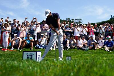 Tiger Woods hits his tee shot on the ninth hole during a practice round for the U.S. Open Championship golf tournament Monday, June 10, 2019, in Pebble Beach, Calif. (AP Photo/David J. Phillip)
