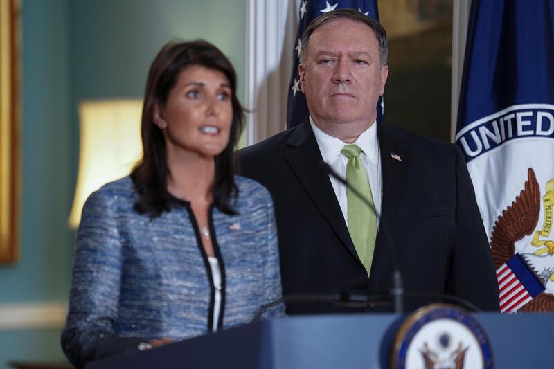 U.S. Ambassador to the United Nations Nikki Haley delivers remarks to the press together with U.S. Secretary of State Mike Pompeo, announcing the U.S.'s withdrawal from the U.N's Human Rights Council at the Department of State in Washington, U.S., June 19, 2018. REUTERS/Toya Sarno Jordan