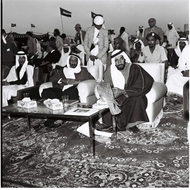 An image from the Itihad archive. Courtesy Al Itihad.
Abu Dhabi, UAE. 1976. Sheikh Zayed attending a falconry conference. *** Local Caption ***  000086.JPG
