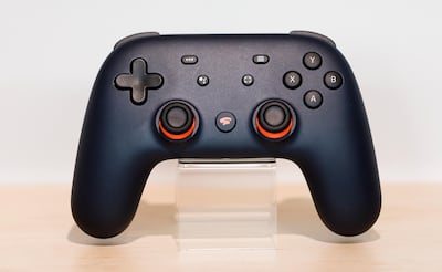 epa07922976 A display of the new Google Stadia cloud-based gaming system controller during a Google product launch event called ‘Made by Google ’19’ in New York, New York, USA, 15 October 2019. The company introduced a number of new products at there event including a new phone, a new laptop, earbuds, and a new smart speaker.  EPA/JUSTIN LANE