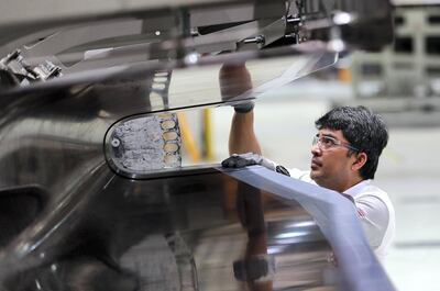 AL AIN , UNITED ARAB EMIRATES , JULY 2 – 2018 :- Worker working on the parts for Airbus and Boeing in the Autoclave section at the Strata Manufacturing facility in Al Ain. ( Pawan Singh / The National )  For News. Story by John Dennehy
