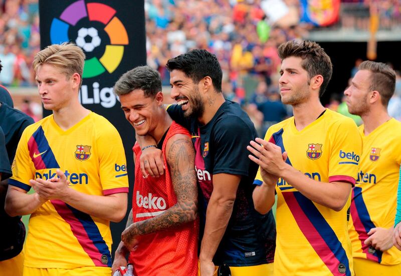 Barcelona's players were in high spirits after beating Napoli. AFP