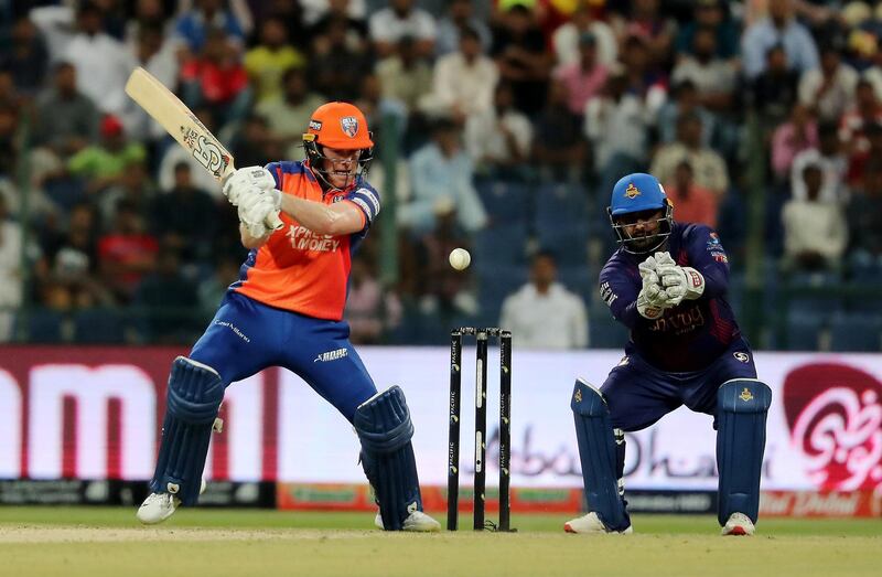 ABU DHABI , UNITED ARAB EMIRATES , Nov 15 – 2019 :- Eoin Morgan of Delhi Bulls playing a shot during the Abu Dhabi T10 Cricket match between Deccan Gladiators v Delhi Bulls held at Sheikh Zayed Cricket Stadium in Abu Dhabi. Delhi Bulls won the match by 7 wickets. ( Pawan Singh / The National )  For Sports. Story by Amith