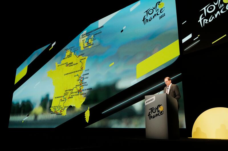 Tour de France director Christian Prudhomme delivers his speech during the presentation of the 2022 Tour de France. AP
