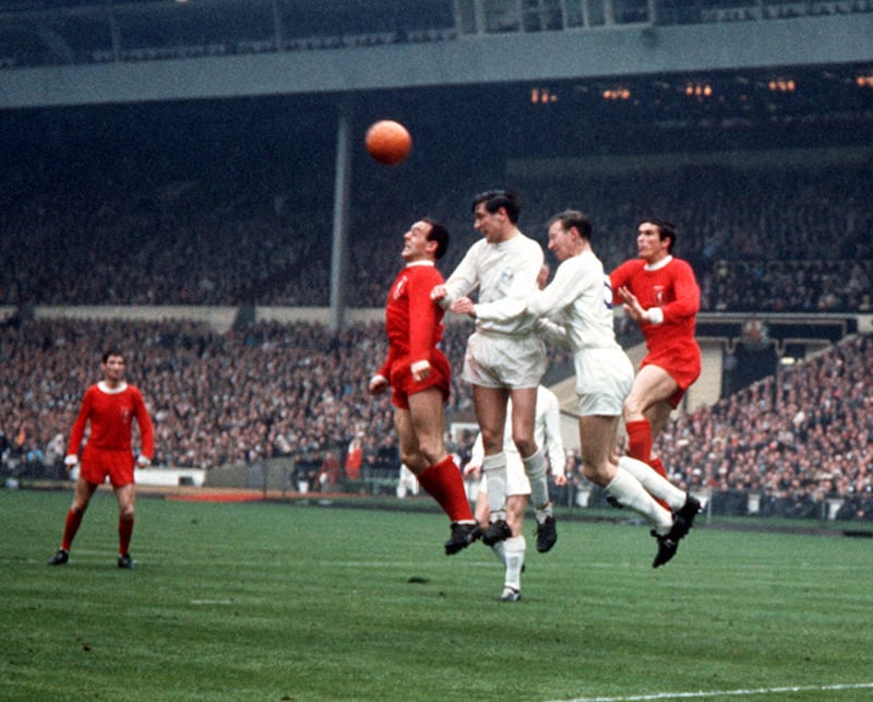 Left to right Ian St John, Norman Hunter, Jack Charlton and Ron Yeats challenge for a header during the 1965 FA Cup final at Wembley Stadium. Liverpool won the match 2-1 when St John scroed the winner in extra-time. PA