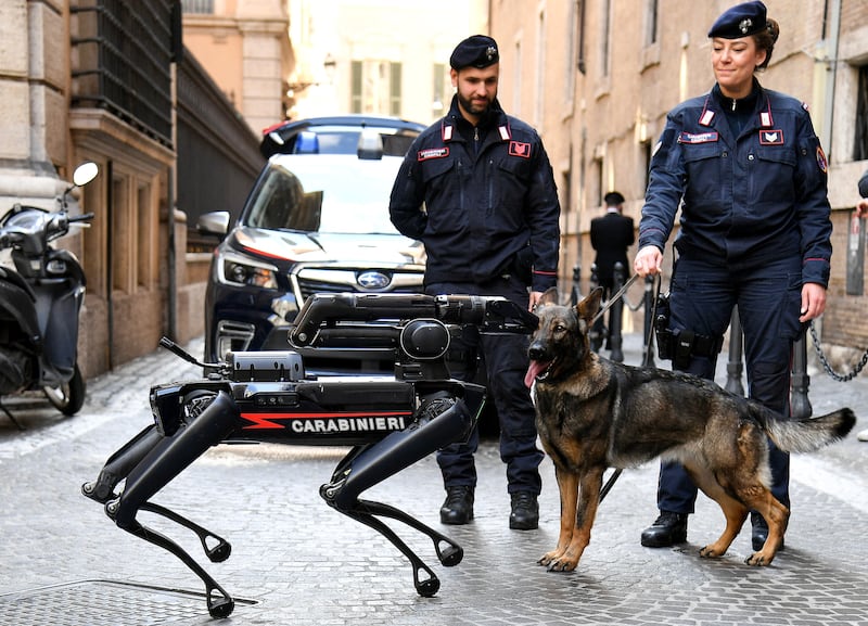 Carabinieri's first remote-controlled robotic dog, Saetta (L), and police's biological dog, Olimpia (R), are deployed after a bomb threat was reported at the Ministry of Culture building, in Rome, Italy, 19 March 2024.  The Ministry of Culture was evacuated on 19 March due to a bomb threat.  The robotic dog, assigned to Rome's bomb disposal squad, is used to help identify and defuse any explosive devices.   EPA / FABIO CIMAGLIA