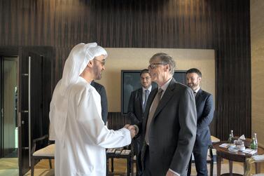 Sheikh Mohamed bin Zayed meets Bill Gates at Al Shati Palace in January 2018. Mohamed Al Hammadi / Crown Prince Court