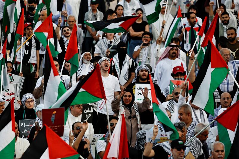 Protesters show support for Palestinians during a sit-in demonstration in Manama. Reuters