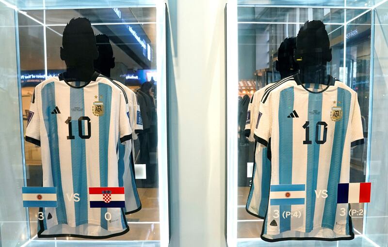 The jerseys worn during the matches between Argentina and Croatia and Argentina and France. AFP