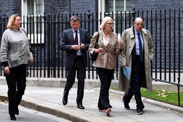 Tory MP Nicholas Winston Soames with Conservative Party members depart 10 Downing Street following a meeting with prime minister Boris Johnson in London, Britain, 03 September 2019. British Prime Minister Boris Johnson is facing a vote in parliament over stopping a no deal Brexit EPA