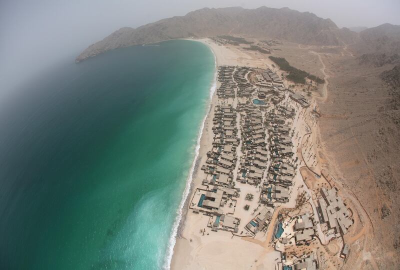 Abu Dhabi - July 4th  ,  2008 -General view of the Six Senses Hideaway Zighy Bay resort Hotel taken from a Paraglider  in the Mountains of Musandam , Oman . ( Andrew Parsons  /  The National )
  FOR ARTS AND LIFE TRAVEL  SECTION *** Local Caption ***  ap001-1207-6 senses hideaway.jpgal17oman2.jpg