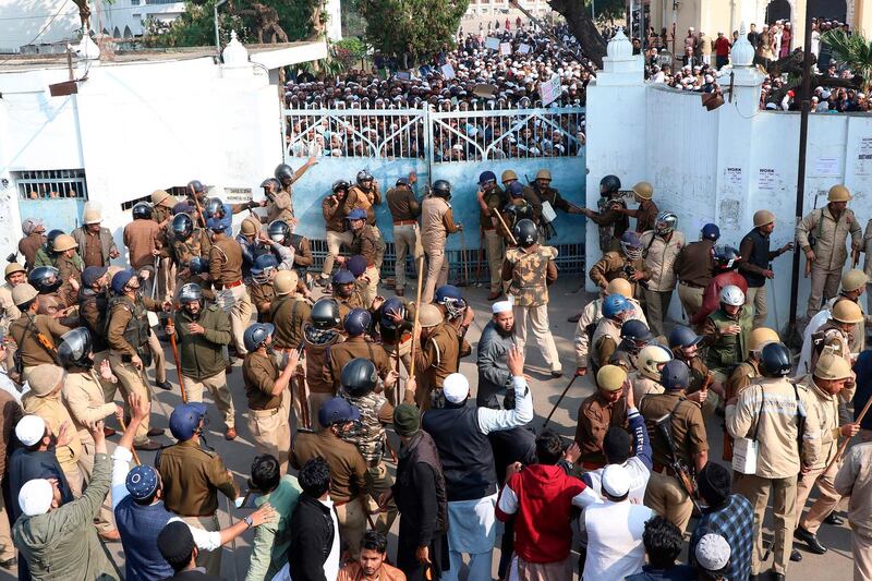 University students clash with  police in Lucknow. AFP