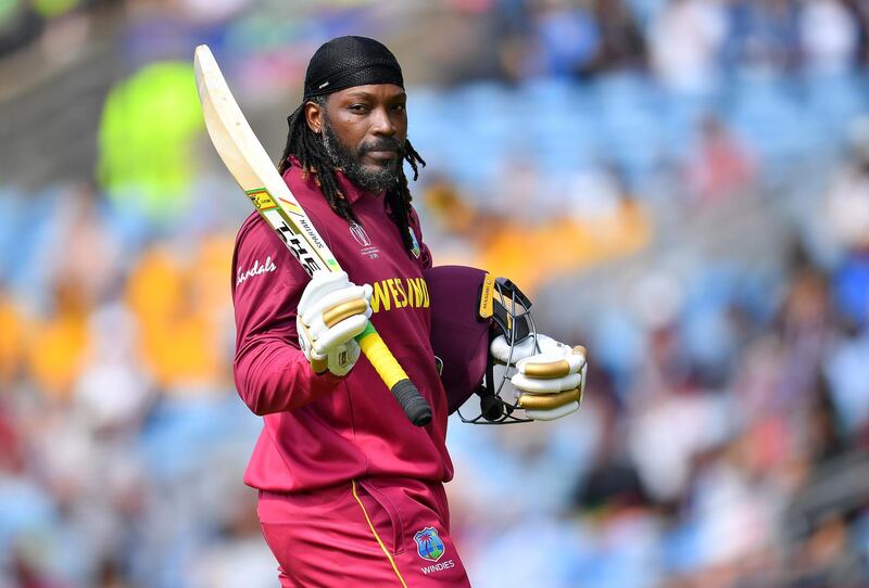 LEEDS, ENGLAND - JULY 04: Chris Gayle of West Indies acknowledges the crowd as he walks off after being dismissed by Dawlat Zadran of Afghanistan during the Group Stage match of the ICC Cricket World Cup 2019 between Afghanistan and West Indies at Headingley on July 04, 2019 in Leeds, England. (Photo by Clive Mason/Getty Images)