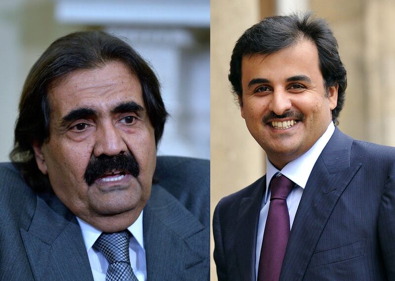 (FILES) -From left to right: The Emir of Qatar Sheikh Hamad bin Khalifa al-Thani is seen speaking to the media in Washington on April 23, 2013 and his son, Qatari Crown Prince Sheikh Tamim Bin Hamad al-Thani, smiles as he arrives at the Elysee Palace in Paris on February 3, 2010. The Emir of Qatar, Sheikh Hamad bin Khalifa al-Thani, is expected to meet members of the royal family on June 24, 2013, with Qatari officials and diplomats saying a transfer of power to his son, Crown Prince Sheikh Tamim bin Hamad al-Thani, is imminent. AFP PHOTO/JEWEL SAMAD/ERIC FEFERBERG
 *** Local Caption ***  411944-01-08.jpg