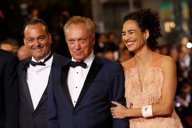 Udo Kier, centre, and Babara Colen, right, at the premiere of the film 'Bacurau' at the Cannes Film Festival, on May 15. AP