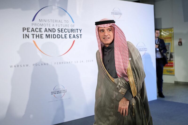 epa07368466 Saudi Foreign Minister Adel al-Jubeir before the second day of an international conference devoted to peace and security in the Middle East organised by Poland and the USA at the National Stadium in Warsaw, Poland, 14 February 2019.  EPA/Leszek Szymanski POLAND OUT