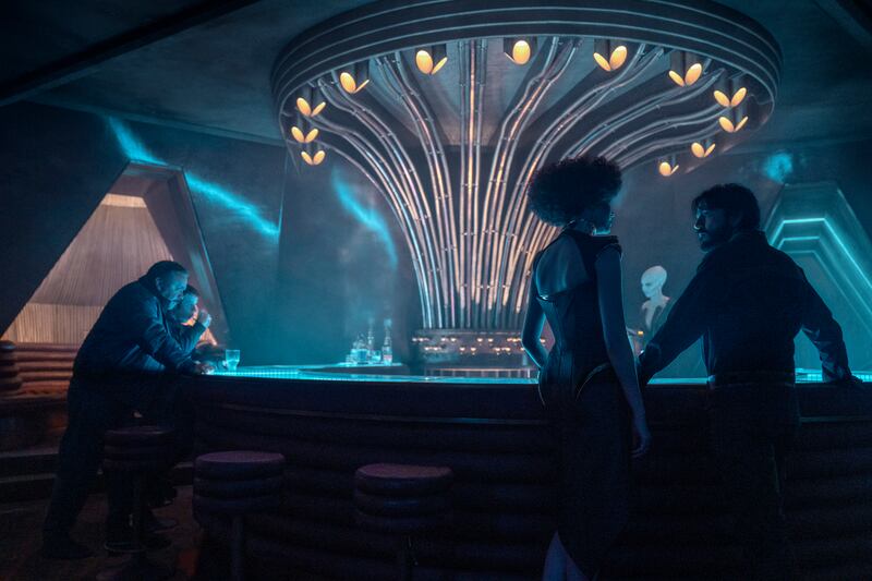 From left: Kravas (played by Lee Boardman), Verlo (Stephen Wight), hostess (Margaret Clunie), bartender (Caroline Green) and Luna as Cassian Andor.