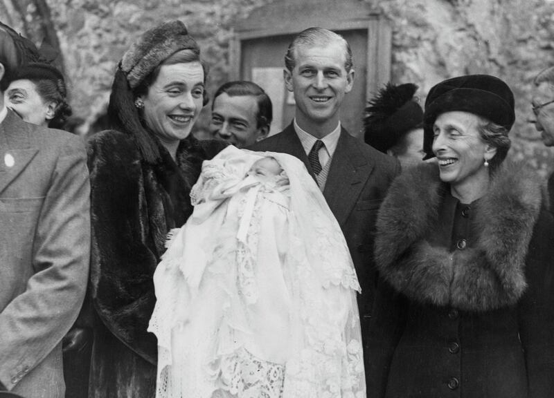 Lieutenant Mountbatten, the fianc���� of Princess Elizabeth, attends the christening of Norton Knatchbull, son of the 7th Baron Brabourne and Patricia Knatchbull (pictured) at Mersham village in Kent, 18th November 1947. Lieutenant Mountbatten is the baby's godfather and cousin to Patricia. (Photo by Douglas Miller/Keystone/Hulton Archive/Getty Images)