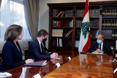 Lebanese President Michel Aoun met US Undersecretary of State for Political Affairs David Hale and US Ambassador to Lebanon Dorothy Shea on Thursday. AP