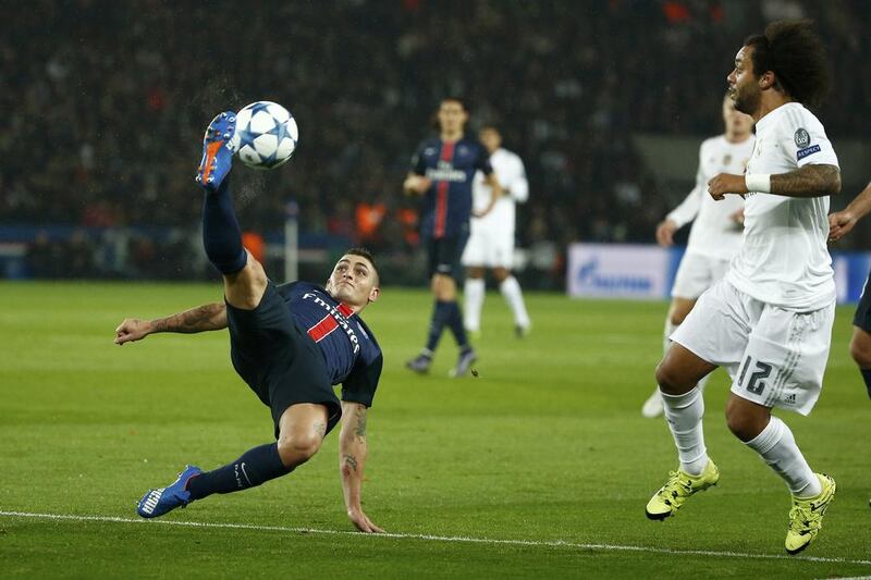 Paris Saint-Germain’s Marco Verratti goes for an overhead kick against Real Madrid on Wednseday night during their Champions League match. Benoit Tessier / Reuters