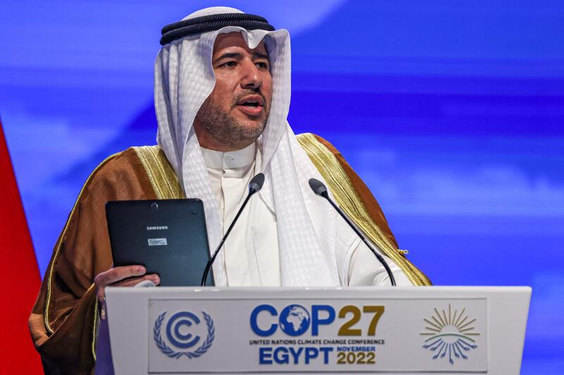 Sheikh Abdullah, Director General of Environment at the Public Authority of Kuwait, speaks at Cop27. AFP