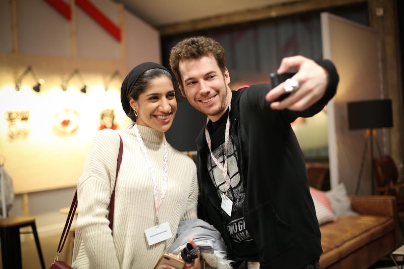 Maha Jaafar with UK-based vlogger Myles Dyer at the YouTube Creators for Change Summit in London.