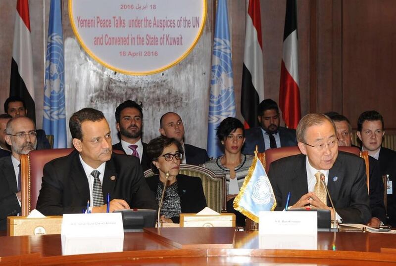 United Nations special envoy to Yemen, Ismail Ould Cheikh Ahmed (L), and UN Secretary General Ban Ki-moon attending a joint meeting for the Yemeni negotiators in Kuwait City. Mr Ban urged Yemen's warring parties to accept a roadmap for peace and quickly reach a comprehensive settlement to the conflict. AFP PHOTO / HO / KUNA