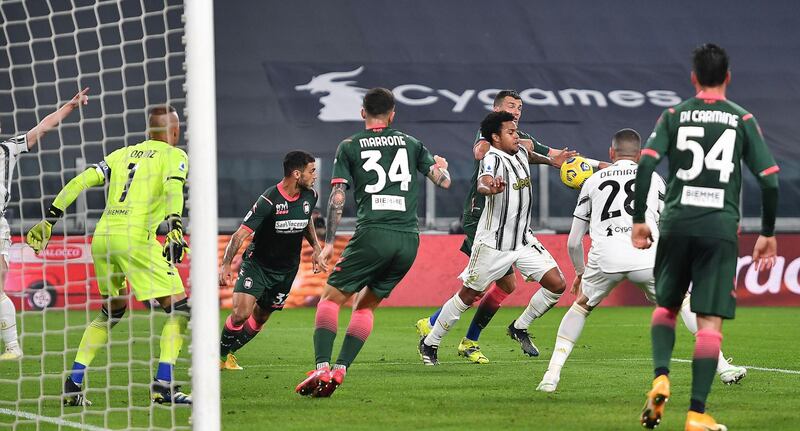 Juventus' Weston Mckennie scores his side's third goal. EPA