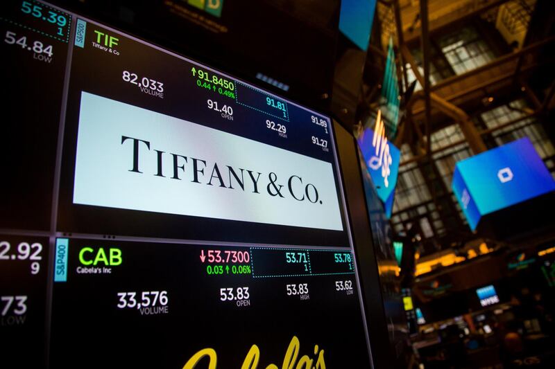 Tiffany & Co. signage is displayed on a monitor on the floor of the New York Stock Exchange (NYSE) in New York, U.S., on Friday, Sept. 1, 2017. U.S. stocks rose and Treasuries declined as reports showing a gain in consumer sentiment and a rise in manufacturing offset a mediocre August employment report. Photographer: Michael Nagle/Bloomberg