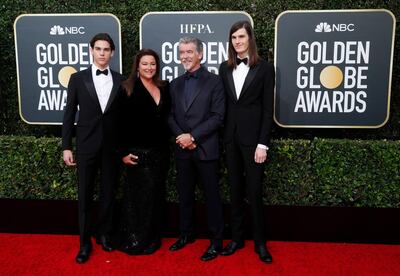 77th Golden Globe Awards - Arrivals - Beverly Hills, California, U.S., January 5, 2020 - (L-R) Dylan Brosnan, Keely Shaye Smith, Pierce Brosnan and Paris Brosnan. REUTERS/Mario Anzuoni