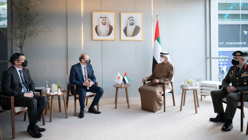 ABU DHABI, UNITED ARAB EMIRATES - February 23, 2021: HH Sheikh Mohamed bin Zayed Al Nahyan, Crown Prince of Abu Dhabi and Deputy Supreme Commander of the UAE Armed Forces (2nd R) meets with HE Charalambos Petrides, Minister of Defence of Cyprus (2nd L), during the International Defence Exhibition and Conference 2021 (IDEX), at ADNEC.

( Rashed Al Mansoori / Ministry of Presidential Affairs )
---