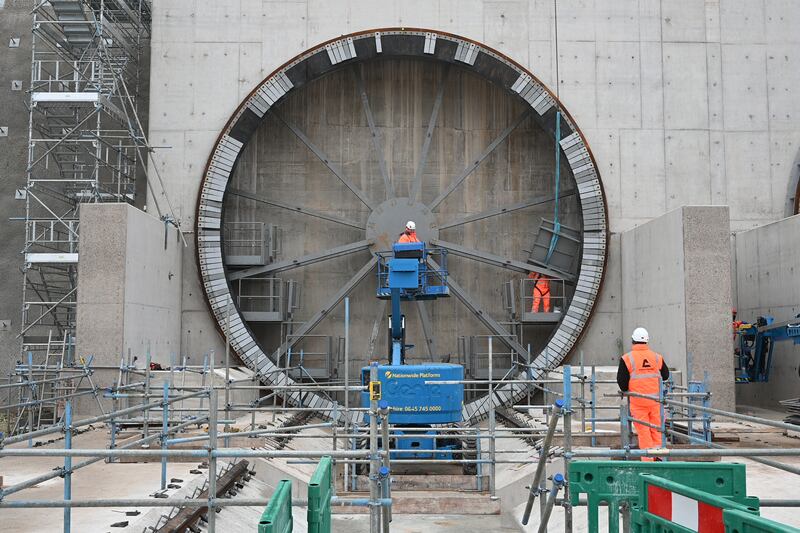 Construction workers continue work on the entrance to the HS2 Chiltern tunnels in December 2020 in Rickmansworth. Getty Images