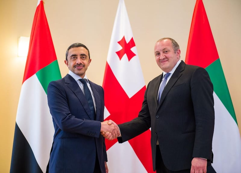 Giorgi Margvelashvili, President of Georgia, receives on Tuesday Sheikh Abdullah bin Zayed, Minister of Foreign Affairs and International Cooperation, who is on an official visit to Georgia. Wam