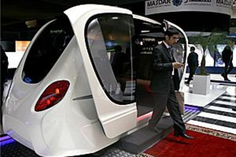 A Personal Rapid Transport (PRT) system pod on display at the World Future Energy Summit in Abu Dhabi. The pods will be the primary mode of transport in Masdar City, the carbon-free, zero-waste community of the future.