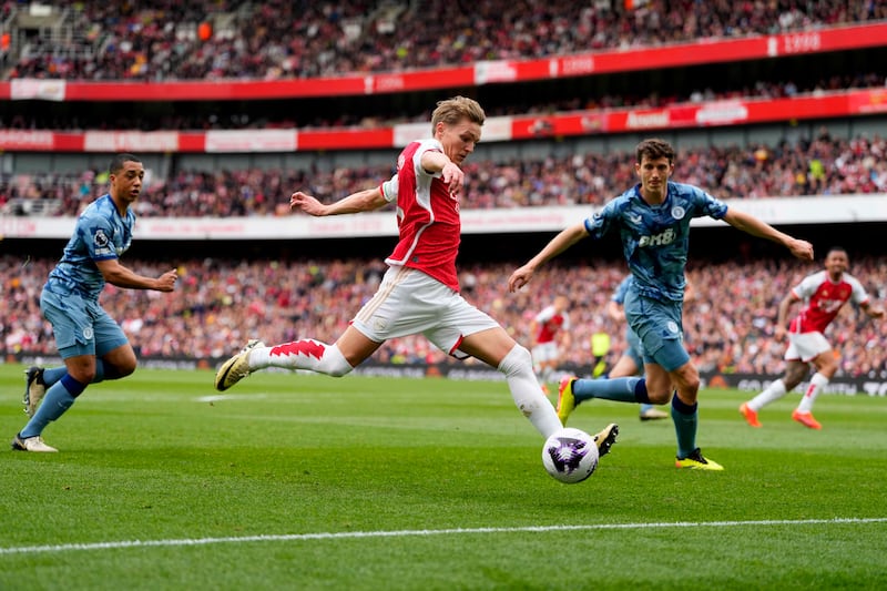 Arsenal's Martin Odegaard has a shot. AP 