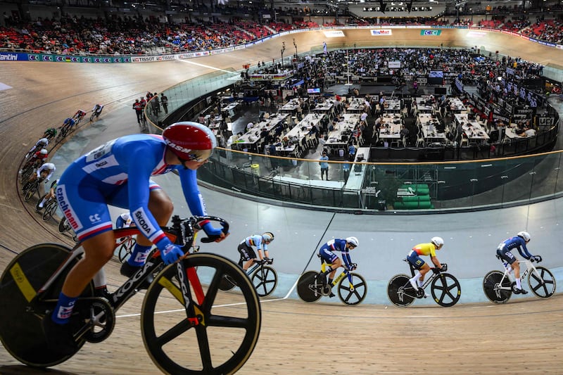 Cyclists compete in the Women's 10km Scratch Race final during the UCI Track Cycling World Championships in Saint-Quentin-en-Yvelines, south-west of Paris. AFP