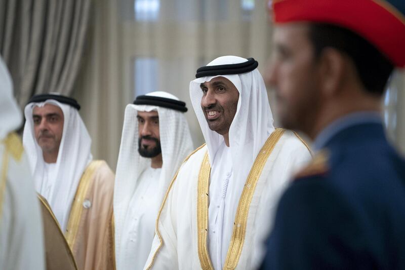 ABU DHABI, UNITED ARAB EMIRATES - June 04, 2019: HH Sheikh Saeed bin Zayed Al Nahyan, Abu Dhabi Ruler's Representative (2nd R), HH Sheikh Nahyan Bin Zayed Al Nahyan, Chairman of the Board of Trustees of Zayed bin Sultan Al Nahyan Charitable and Humanitarian Foundation (3rd R) and HH Lt General Sheikh Saif bin Zayed Al Nahyan, UAE Deputy Prime Minister and Minister of Interior (L), attend an Eid Al Fitr reception at Mushrif Palace. 

( Mohamed Al Hammadi / Ministry of Presidential Affairs )
---