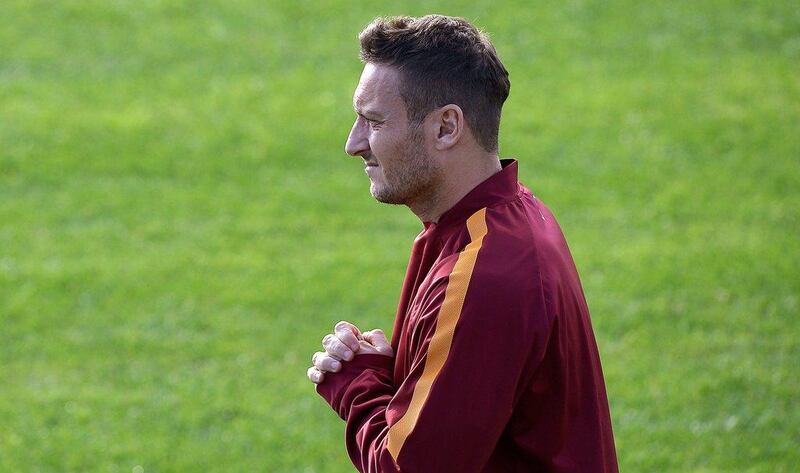 Francesco Totti shown during an AS Roma training session on Tuesday in Rome ahead of their Wednesday Champions League match against Manchester City. Filippo Monteforte / AFP / December 9, 2014