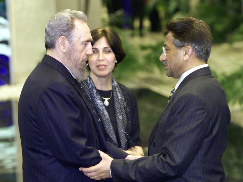 Mr Musharraf is greeted by Cuban leader Fidel Castro at Havana's Palace of the Revolution on April 12, 2000. Reuters