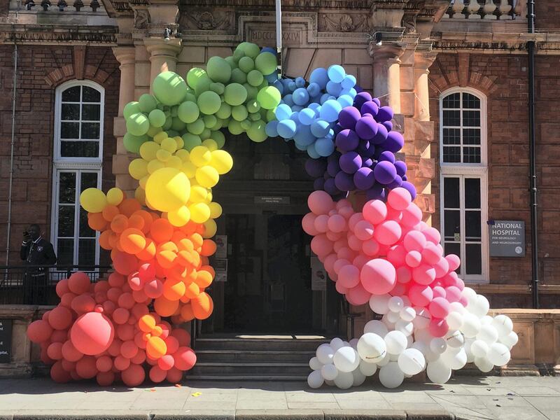 Eye-popping rainbow balloon entrance display put up by staff at my local National Hospital for Neurology and Neurosurgery on 23 April to thank the public for their support. Lucy Bullivant
Rainbow balloon entrance display, National Hospital for Neurology and Neurosurgery, Grade II listed; original structure built in 1860
Camden, Central London. Courtesy Historic England