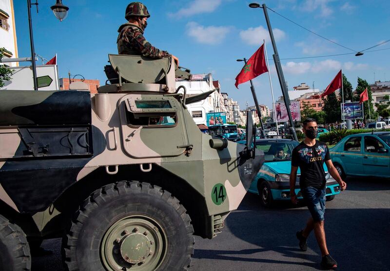 Moroccan soldiers patrol the city of Tangiers amid a new outbreak of the novel coronavirus.  AFP