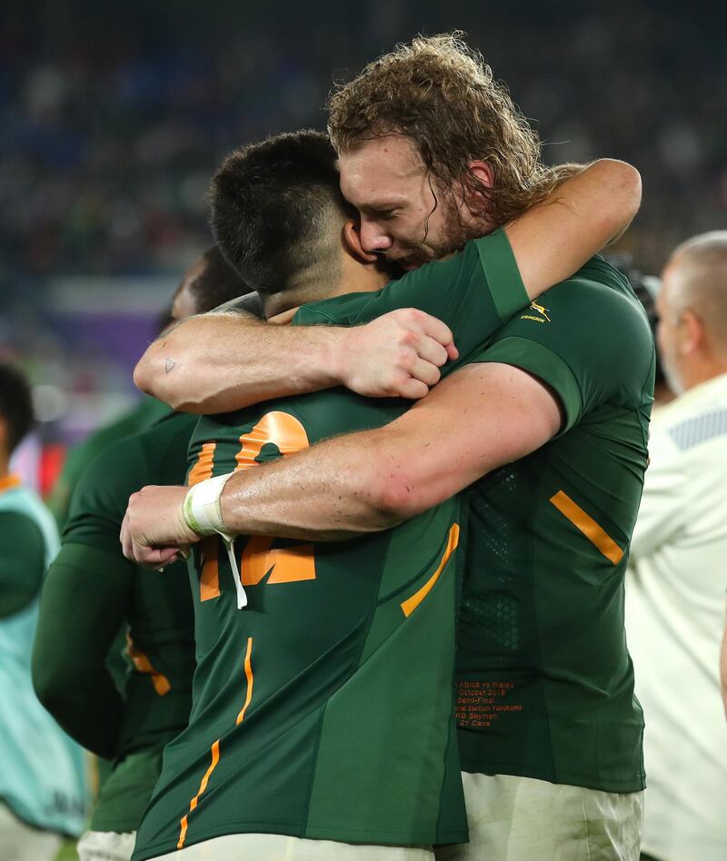 Damian De Allende of South Africa
 (L) and Rg Snyman of South Africa celebrate the win during the Rugby World Cup 2019 Semi-Final match between Wales and South Africa at International Stadium Yokohama, Kanagawa, Japan. GETTY IMAGES