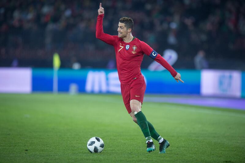 Portugal's Cristiano Ronaldo plays the ball during the international  friendly soccer match between  Portugal and Egypt in the Letzigrund stadium in Zurich, Switzerland, on Friday, March 23, 2018.  (Melanie Duchene/Keystone via AP)