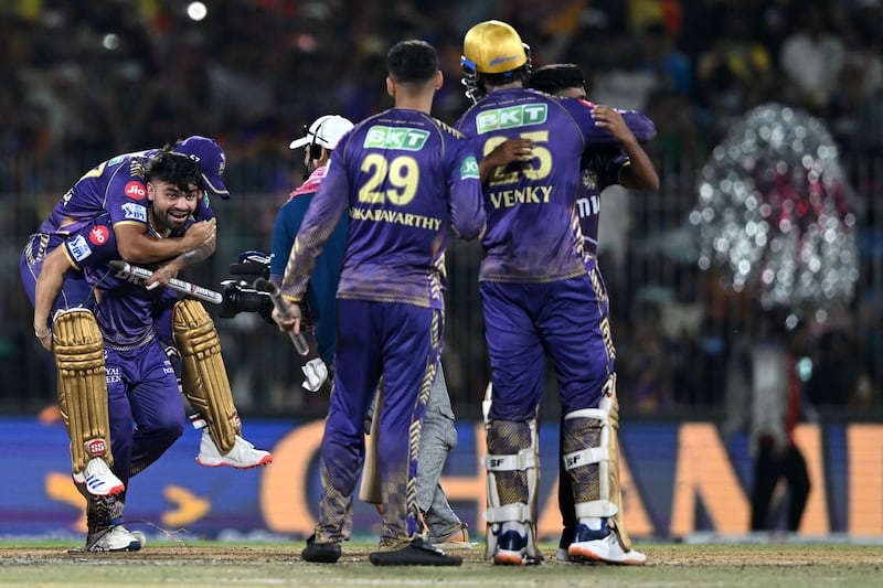 Kolkata Knight Riders' players celebrate their victory. AFP