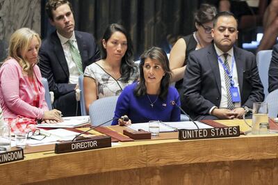United States ambassador to the UN Nikki Haley speaks during a United Nations Security Council meeting on the situation in Myanmar at UN Headquarters in New York on August 28, 2018. (Photo by DOMINICK REUTER / AFP)